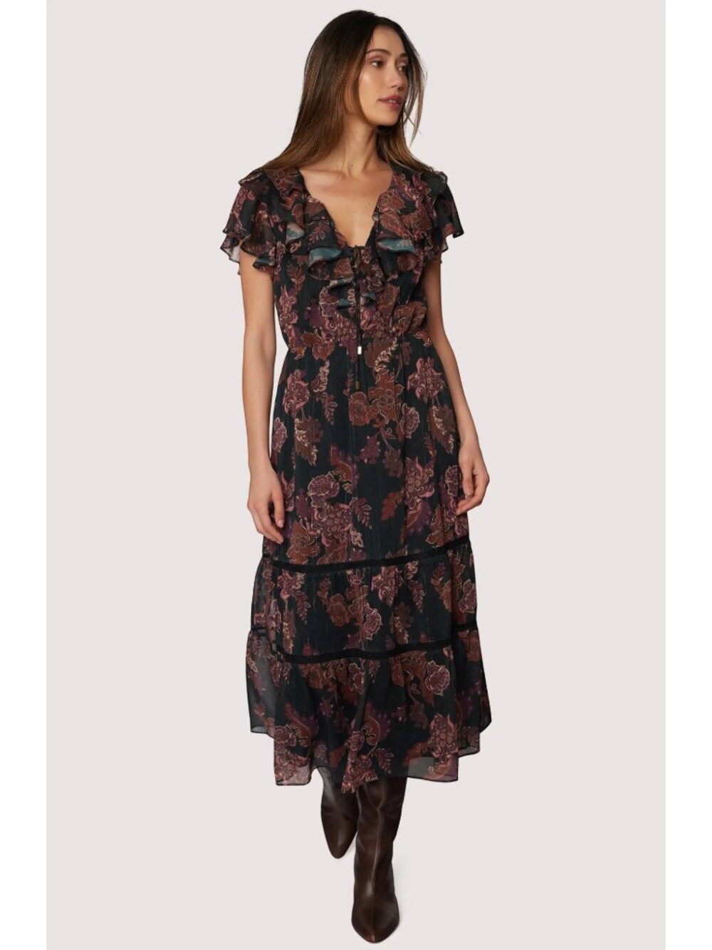 Boho Floral Ruffle Midi Dress M - Picture 16 of 16
